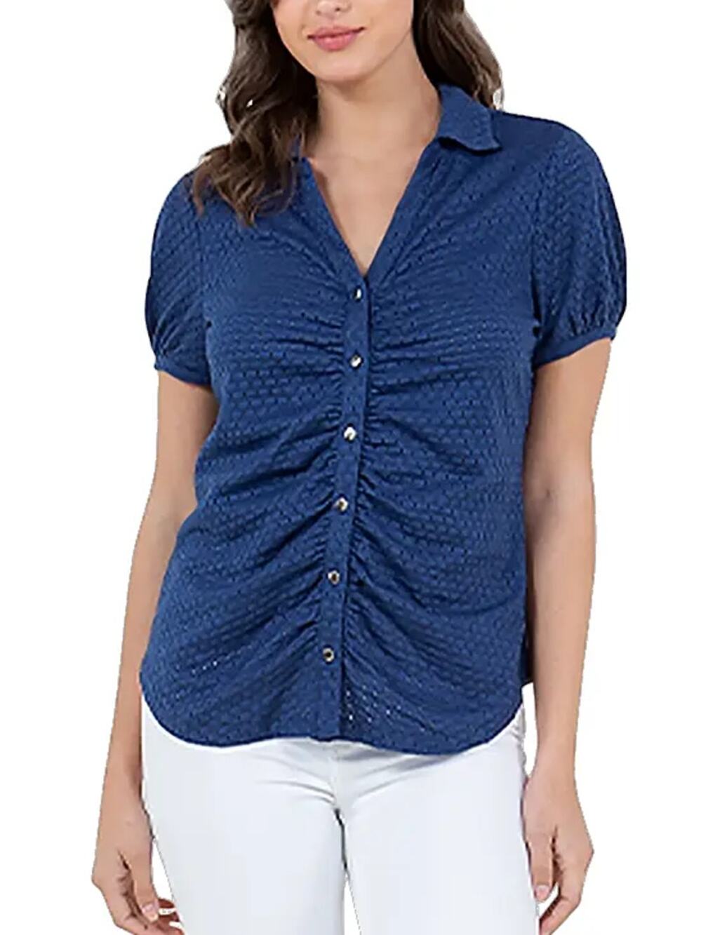 SINGLE THREAD TOP WOMEN'S SIZE SMALL EYELET KNIT BUTTON-UP SHIRT BLOUSE BLUE NEW